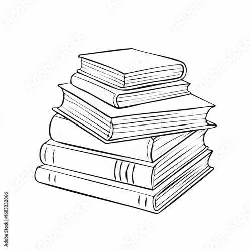 Books stacked drawing. It is a black and white outline image depicting a tall stack of books, symbolizing knowledge and education. Vector sketch line art draw.