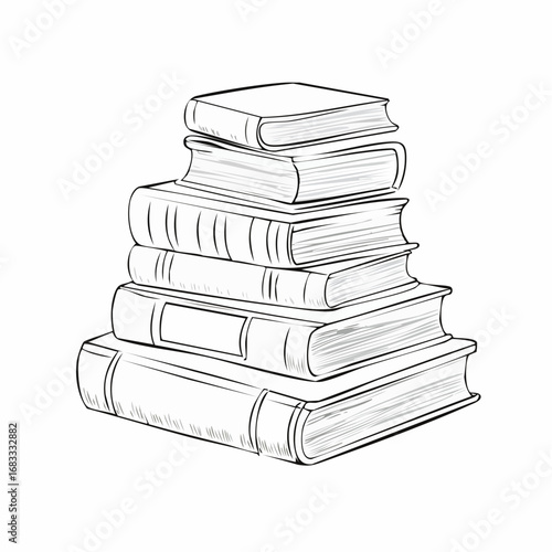 Books stacked drawing. It is a black and white outline image depicting a tall stack of books, symbolizing knowledge and education. Vector sketch line art draw.