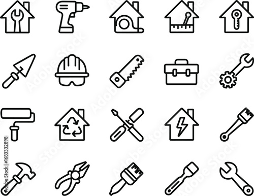 Set of construction and renovation tools and house icons in outline style home