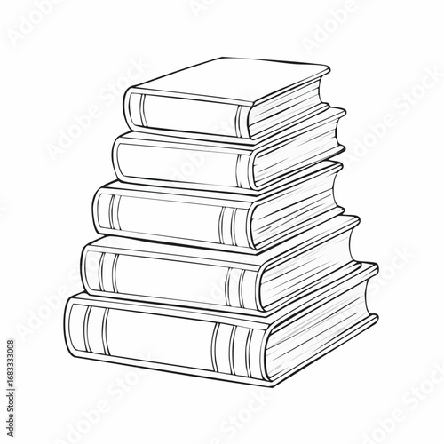 Books stacked drawing. It is a black and white outline image depicting a tall stack of books, symbolizing knowledge and education. Vector sketch line art draw.