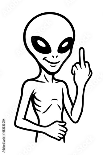 Alien character giving middle finger, bold and rebellious black and white vector illustration
