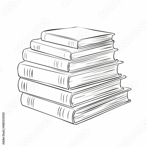 Books stacked drawing. It is a black and white outline image depicting a tall stack of books, symbolizing knowledge and education. Vector sketch line art draw.