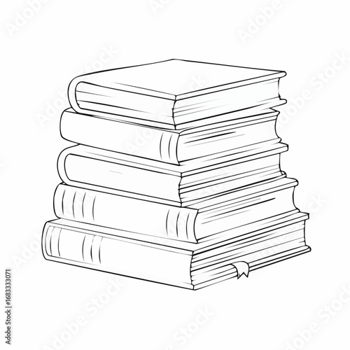 Books stacked drawing. It is a black and white outline image depicting a tall stack of books, symbolizing knowledge and education. Vector sketch line art draw.