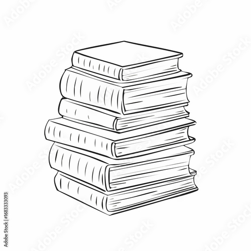 Books stacked drawing. It is a black and white outline image depicting a tall stack of books, symbolizing knowledge and education. Vector sketch line art draw.