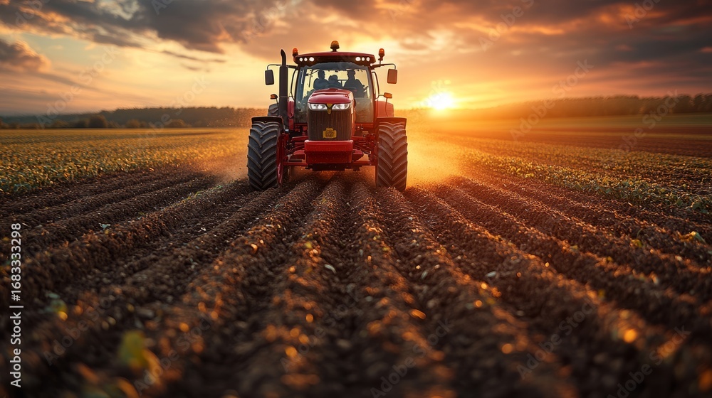 Fototapeta premium A red tractor furrows the rich earth as the sun sets, creating a warm glow over the expansive farmland