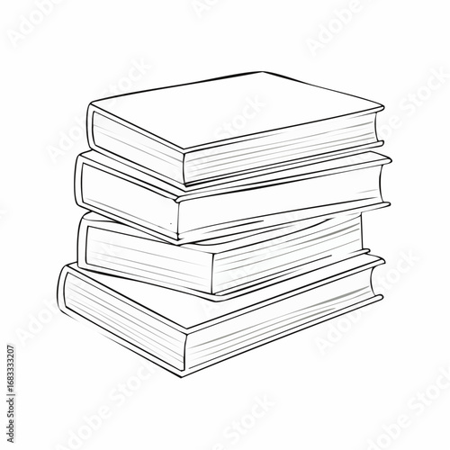 Books stacked drawing. It is a black and white outline image depicting a tall stack of books, symbolizing knowledge and education. Vector sketch line art draw.