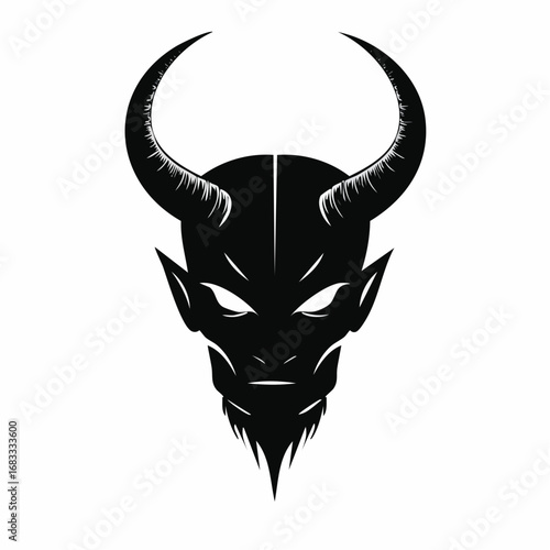 Devil horn silhouette. This image shows a black silhouette of a devilish figure with prominent horns, symbolizing darkness and mystery. Vector clipart illustration design.
