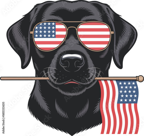 Patriotic Black Labrador Dog Vector Illustration with American Flag Sunglasses and USA Flag in Mouth – Independence Day, 4th of July, Memorial Day, Veteran’s Day Celebration Art for Dog Lovers, Pet Ow