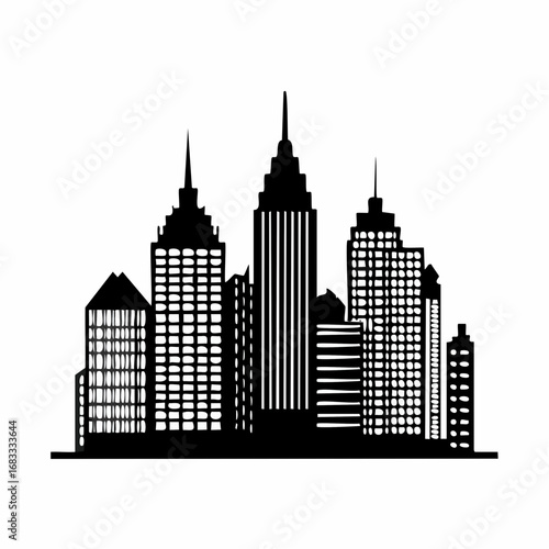 Gotham city silhouette. This shows a bold black white Gotham city silhouette, also urban skyline, with tall spires and buildings, evoking a dark, mysterious metropolis. clipart illustration design.