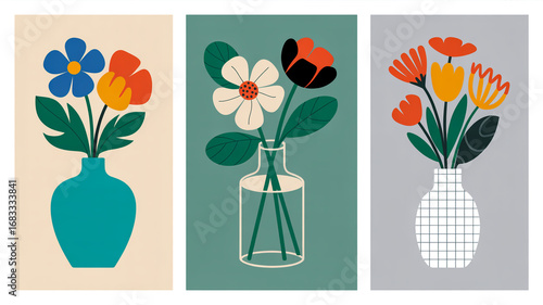 Three minimalist floral illustrations, simple design, arranged horizontally, clean