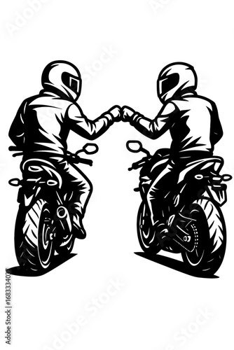 Two motorcyclists fist bumping in black and white vector illustration, camaraderie and biker brotherhood concept
