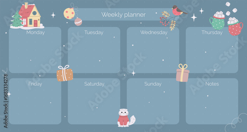 Christmas weekly planner page with festive illustrations of tree, house, balls, gift boxes, cat, mugs, marshmallows and bullfinch. Perfect for holiday scheduling, prints and cozy organization.