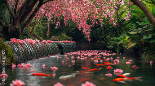 AI generator images of a waterfall cascading down behind it, with ancient stone steps covered with moss, ferns, and flowers. The water is teeming with fish, including colorful carp.