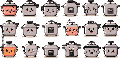 Collection of kawaii instant pot cartoon characters with assorted expressions.