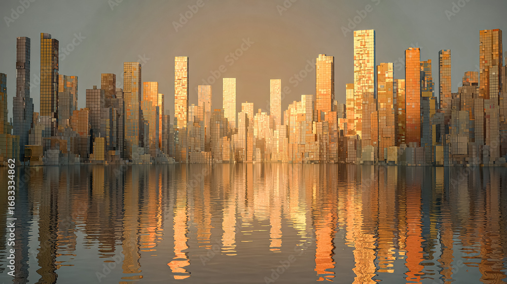 Fototapeta premium A 3D cityscape of transparent cubes shifts and evolves, representing the growth and continuous change in urban environments, highlighted by a glowing backdrop.