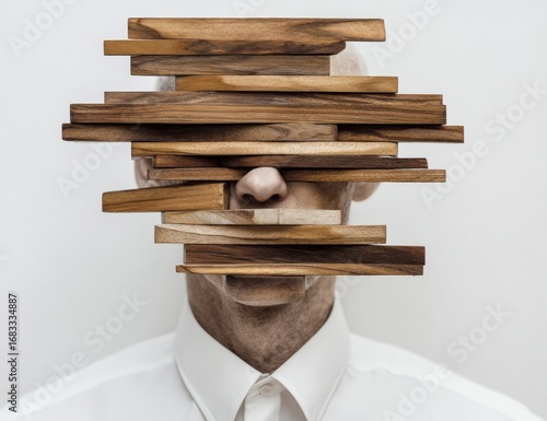 A man's face obscured by layered wooden strips