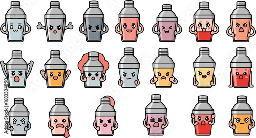 Cocktail shakers with cartoon expressions, a set of emotions.