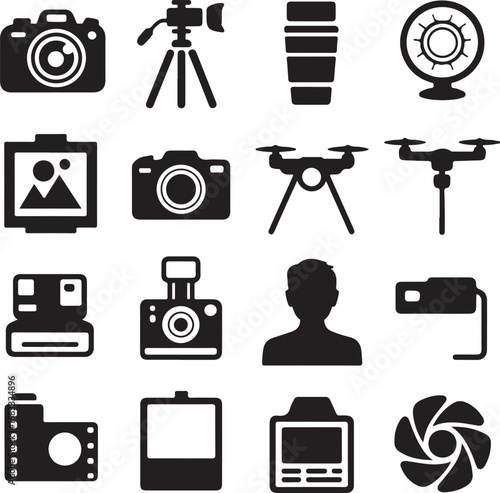 Photography and videography equipment icons and symbols Keywords: camera, tripod, lens, drone