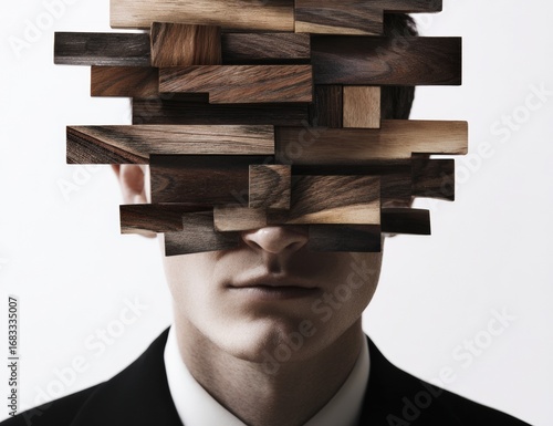 A man's face obscured by wooden blocks