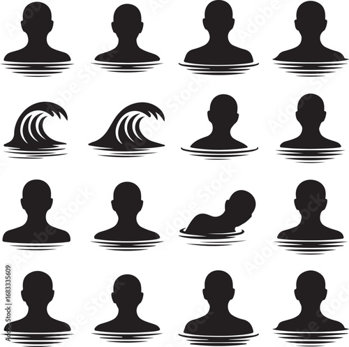 People and wave icons with water and ocean theme Keywords: person, silhouette, head, shoulders