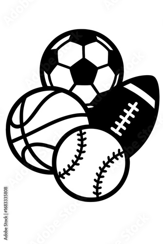 Black and white vector of assorted sports balls including football, soccer, basketball, and baseball

