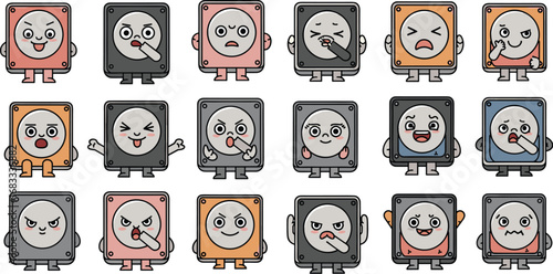 Hard drive cartoons show feelings, with funny face expressions and hands in a playful style, emotions