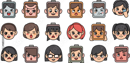 Cartoon faces show various emotions, some battery icon heads