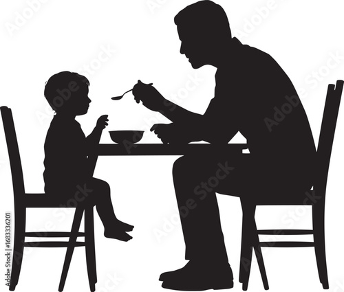Silhouette of Father Feeding Child at Table Illustration Depicting Family Mealtime Together