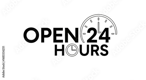 Minimalist black and white 'Open 24 Hours' sign with an integrated clock face symbol. A vector icon representing round-the-clock service and constant availability for business
