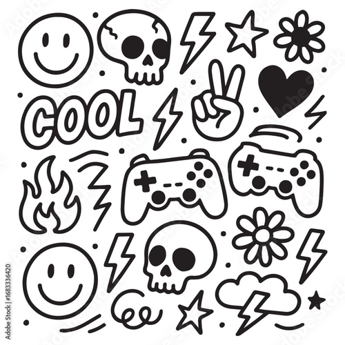 doodle vector set with cool icons like skulls, smiley faces, lightning bolts, game controller, peace sign vector