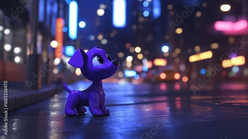 Wallpaper Mural A Vibrant Purple Toy Dog Adorns a Wet City Street at Night, illuminated by Neon Lights Torontodigital.ca
