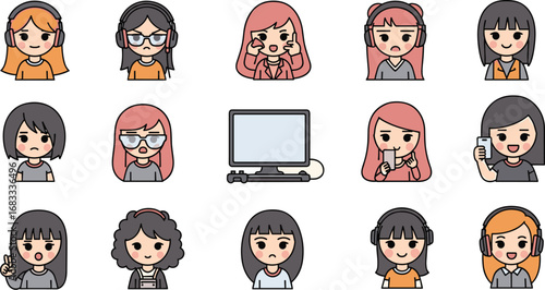 Cartoon girls with headphones and tech gadgets
