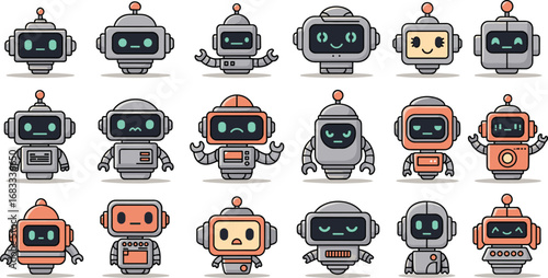 Collection of cartoon robots with different expressions and colors