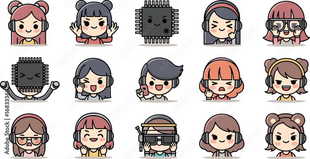 Fototapeta premium Cartoon characters wearing headphones and expressions collection