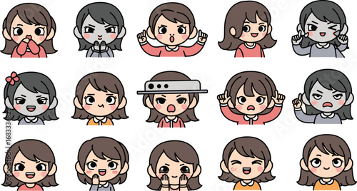Cartoon faces show emotions: happy, angry, sad, surprised, and doubtful expressions, with some in grayscale.