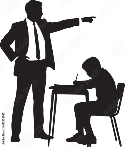 Silhouette of Teacher with Tie Pointing at Student at Desk, Education and Discipline Scene