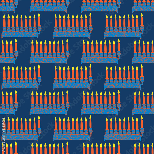 Hanukkah seamless pattern with menorahs. Perfect for wrapping paper, greeting cards, wallpaper. Jewish holidays.