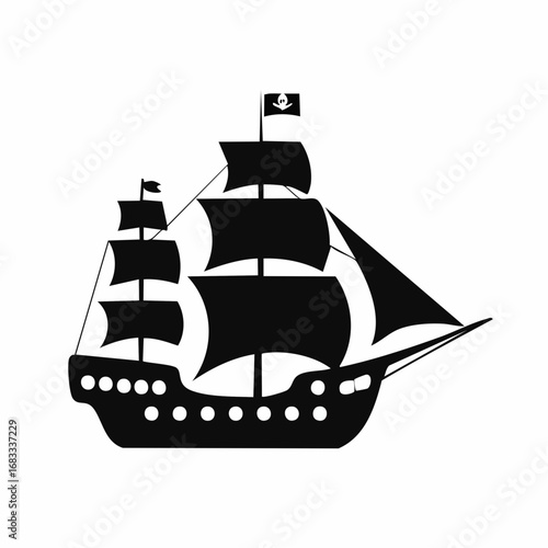 Pirate ship silhouette. This image shows a black silhouette of a pirate ship with multiple sails and masts, also known as a galleon or frigate. Vector clipart illustration design.