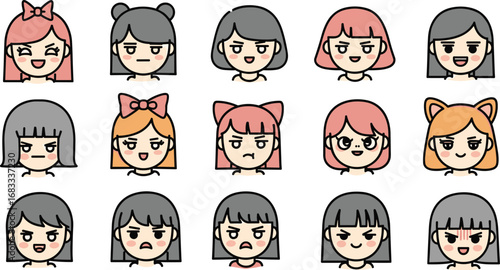 Set of fifteen cartoon girls' faces with various expressions and hair styles. Vector collection