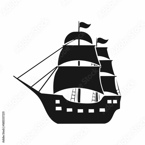 Pirate ship silhouette. This image shows a black silhouette of a pirate ship with multiple sails and masts, also known as a galleon or frigate. Vector clipart illustration design.