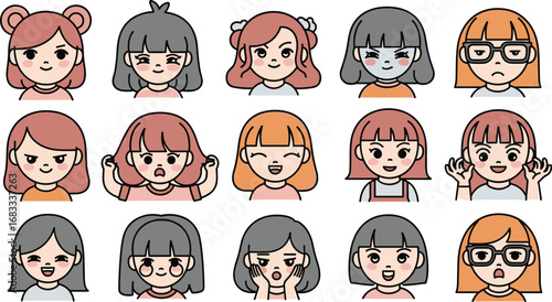 Cartoon girls faces express various emotions in a grid pattern.