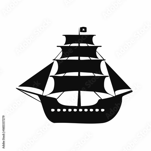 Pirate ship silhouette. This image shows a black silhouette of a pirate ship with multiple sails and masts, also known as a galleon or frigate. Vector clipart illustration design.