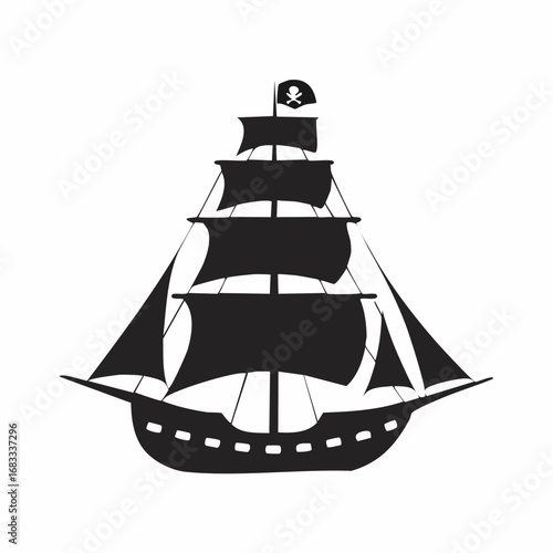 Pirate ship silhouette. This image shows a black silhouette of a pirate ship with multiple sails and masts, also known as a galleon or frigate. Vector clipart illustration design.