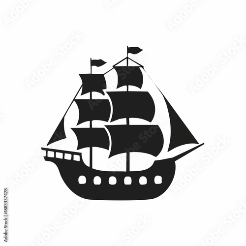 Pirate ship silhouette. This image shows a black silhouette of a pirate ship with multiple sails and masts, also known as a galleon or frigate. Vector clipart illustration design.