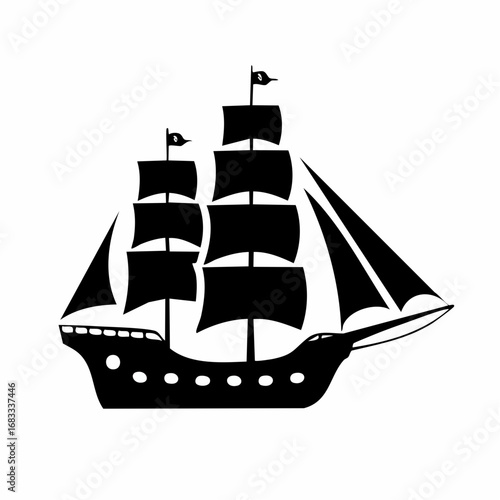 Pirate ship silhouette. This image shows a black silhouette of a pirate ship with multiple sails and masts, also known as a galleon or frigate. Vector clipart illustration design.