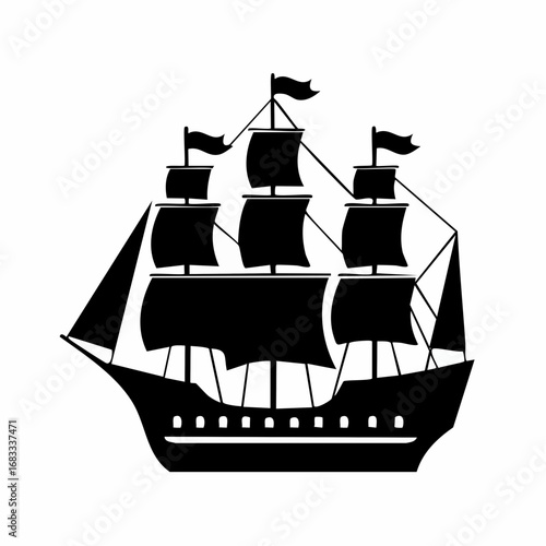 Pirate ship silhouette. This image shows a black silhouette of a pirate ship with multiple sails and masts, also known as a galleon or frigate. Vector clipart illustration design.