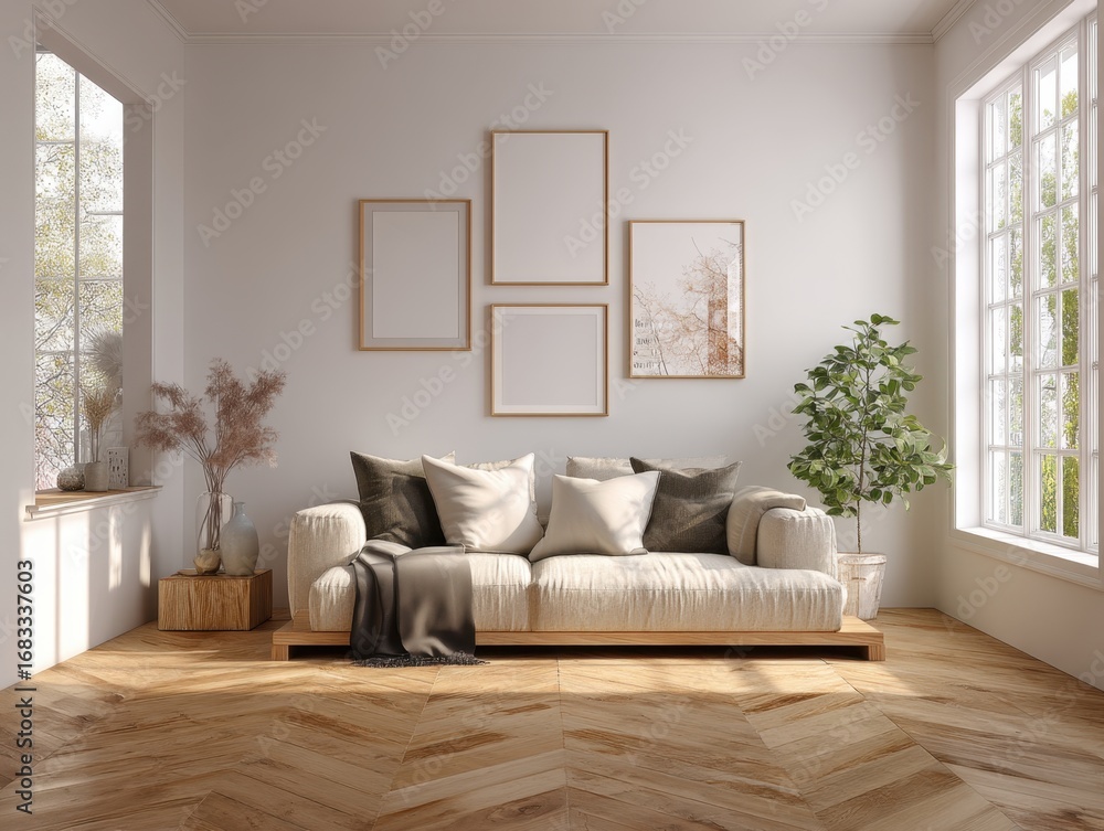 Fototapeta premium A living room with a white couch and a potted plant. The couch is covered with pillows and a blanket. There are three framed pictures on the wall