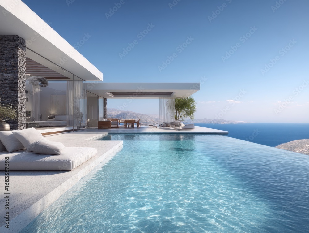 Fototapeta premium A large pool with a white roof and a white wall. The pool is surrounded by a white deck
