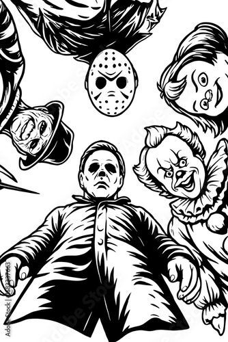Classic horror movie villains collage with Michael Myers, Ghostface, and other iconic slasher characters
