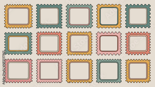 Vector art of collection of retro postage stamps in various pastel colors 